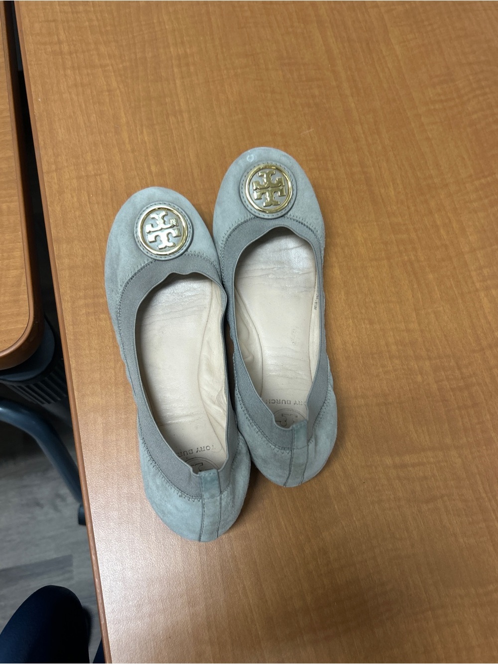 Tory Burch Gray Suede Logo Ballet Flats